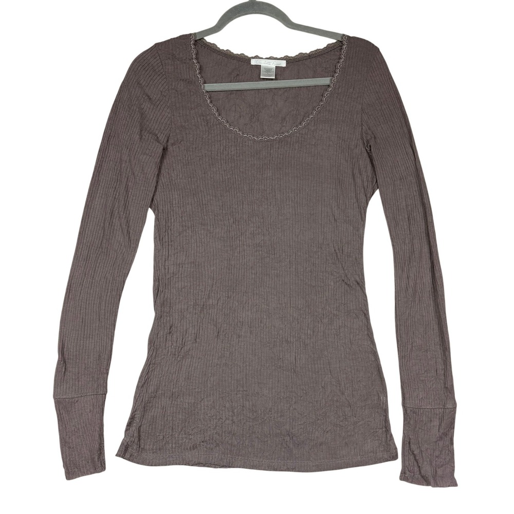 Charlotte Russe Brown Crinkle Ribbed Lace Trim Long Sleeve Top Y2K Large